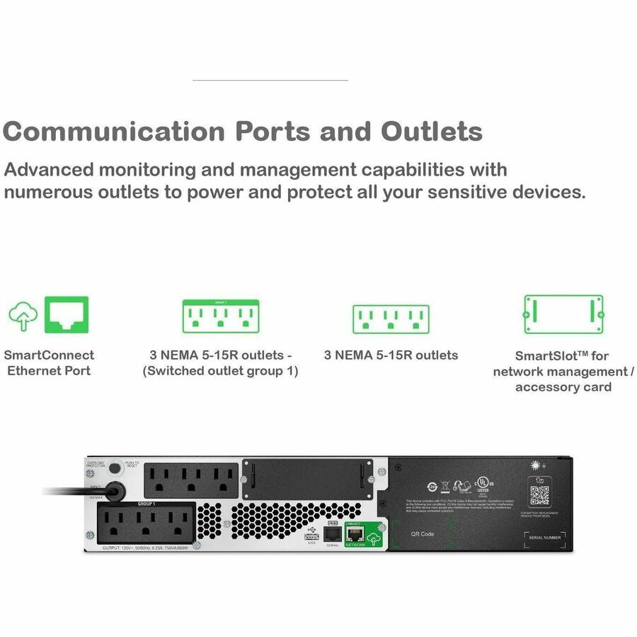 Alternate-Image3 Image for APC Smart-UPS, Line Interactive, 750VA, Lithium-ion, Rackmount 2U, 120V, 6x NEMA 5-15R outlets, SmartConnect Port+SmartSlot, Short Depth, AVR, LCD