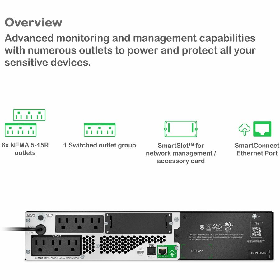 Alternate-Image4 Image for APC Smart-UPS, Line Interactive, 1000VA, Lithium-ion, Rackmount 2U, 120V, 6x NEMA 5-15R outlets, SmartConnect Port+SmartSlot, Short Depth, AVR, LCD
