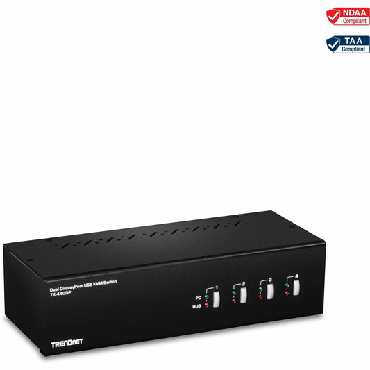 Main Image for TRENDnet 4-Port Dual Monitor DisplayPort KVM Switch With Audio, 2-Port USB 2.0 Hub, 4K UHD Resolution Up To 3840 x 2160, Connect 4 DisplayPort Monitors, Dual Monitor 4 Port KVM Switch, Black, TK-440DP