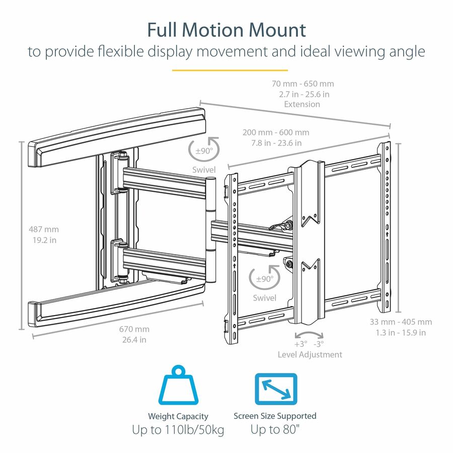Alternate-Image1 Image for StarTech.com TV Wall Mount for up to 80" VESA Mount Displays - Low Profile Full Motion TV Mount - Heavy Duty Adjustable Articulating Arm