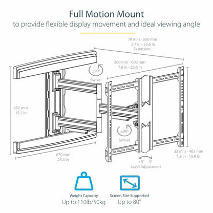 Alternate-Image1 Image for StarTech.com TV Wall Mount for up to 80" VESA Mount Displays - Low Profile Full Motion TV Mount - Heavy Duty Adjustable Articulating Arm