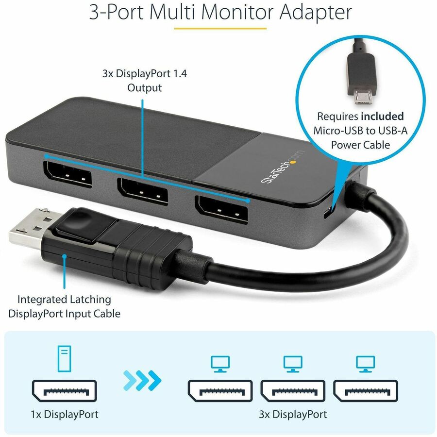 Alternate-Image2 Image for StarTech.com 3-Port DisplayPort 1.4 Splitter, DisplayPort to 3x DP Multi-Monitor Adapter, Triple 4K Computer MST Hub, Windows Only