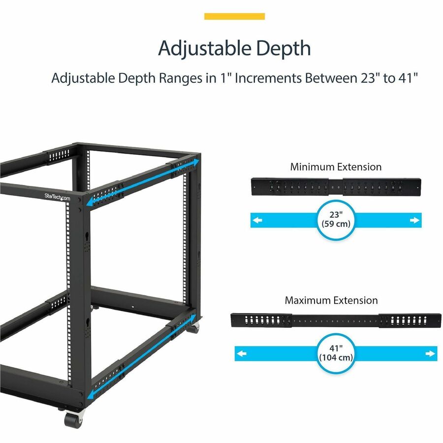Alternate-Image2 Image for StarTech 4-Post 18U Mobile Open Frame Server Rack, 19" Network Rack with Casters, Rolling Rack for Computer/AV/Data/IT Equipment