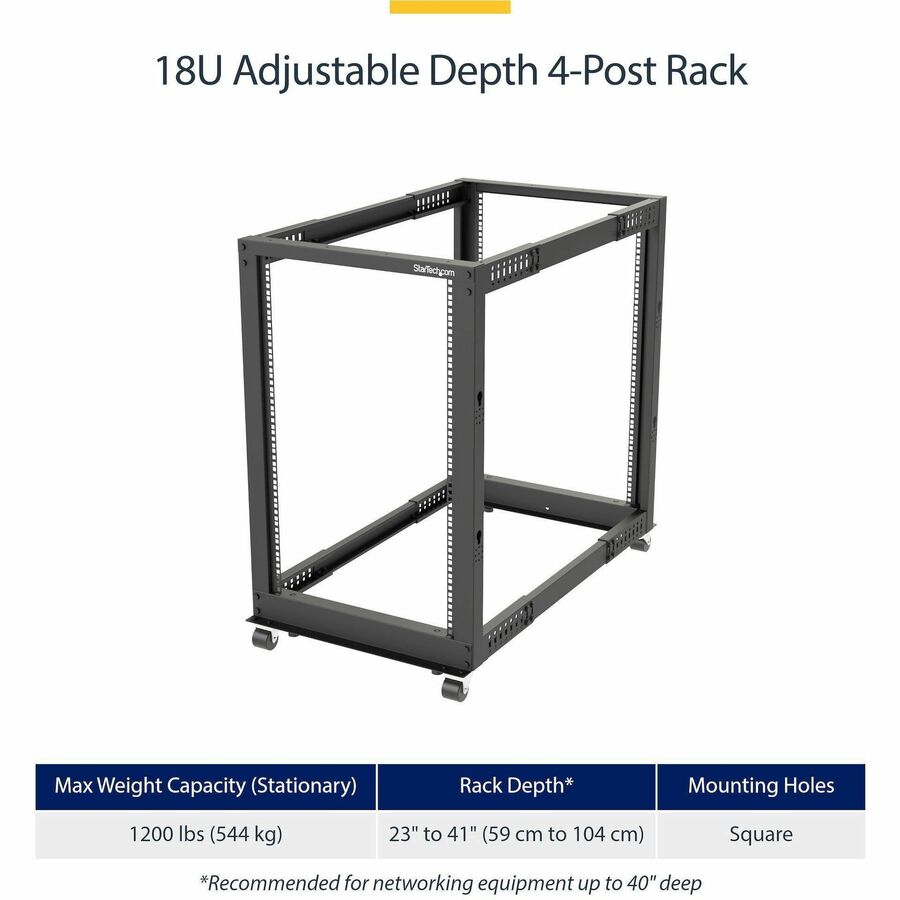 Alternate-Image1 Image for StarTech 4-Post 18U Mobile Open Frame Server Rack, 19" Network Rack with Casters, Rolling Rack for Computer/AV/Data/IT Equipment