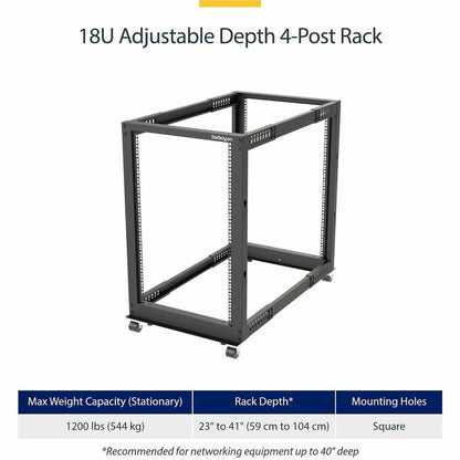 Alternate-Image1 Image for StarTech 4-Post 18U Mobile Open Frame Server Rack, 19" Network Rack with Casters, Rolling Rack for Computer/AV/Data/IT Equipment
