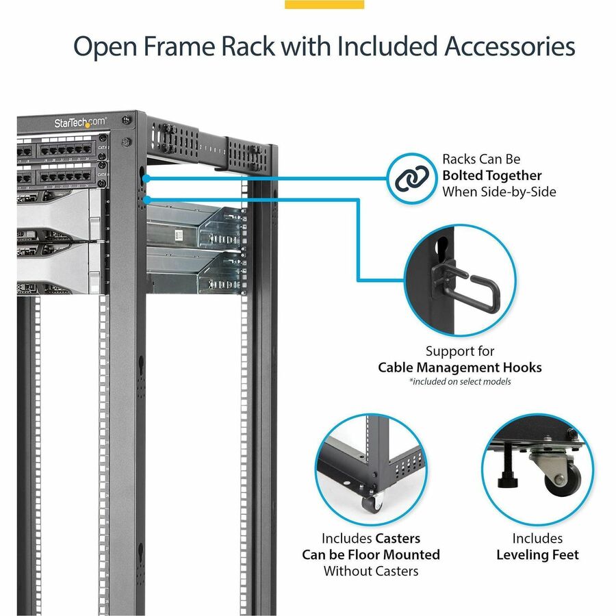Alternate-Image4 Image for StarTech 4-Post 18U Mobile Open Frame Server Rack, 19" Network Rack with Casters, Rolling Rack for Computer/AV/Data/IT Equipment