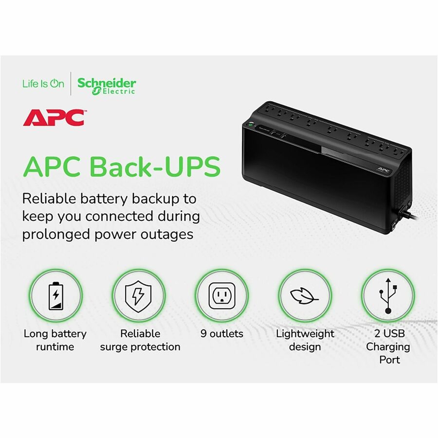 Alternate-Image1 Image for APC Back-UPS 850VA, 120V, 2 USB charging ports, 9 NEMA outlets (3 surge)