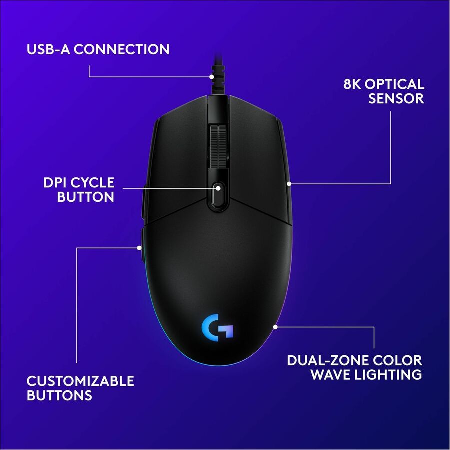 Alternate-Image5 Image for Logitech G203 Wired Gaming Mouse, 8,000 DPI, Rainbow Optical Effect LIGHTSYNC RGB, 6 Programmable Buttons, Black