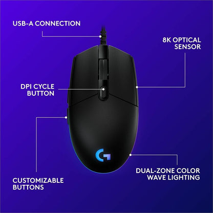 Alternate-Image5 Image for Logitech G203 Wired Gaming Mouse, 8,000 DPI, Rainbow Optical Effect LIGHTSYNC RGB, 6 Programmable Buttons, Black