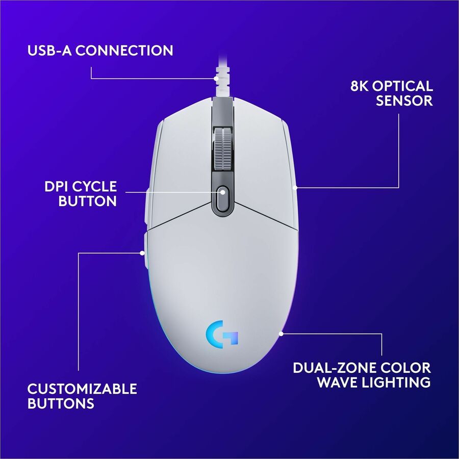 Alternate-Image5 Image for Logitech G203 Wired Gaming Mouse, 8,000 DPI, Rainbow Optical Effect LIGHTSYNC RGB, 6 Programmable Buttons, White