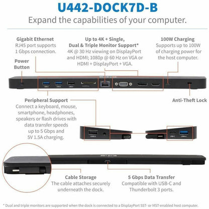 Alternate-Image2 Image for Eaton Tripp Lite Series USB-C Dock, Triple Display - 4K HDMI & DP, VGA, USB 3.x (5Gbps) and USB 2.0 Hub Ports, GbE, 100W PD Charging