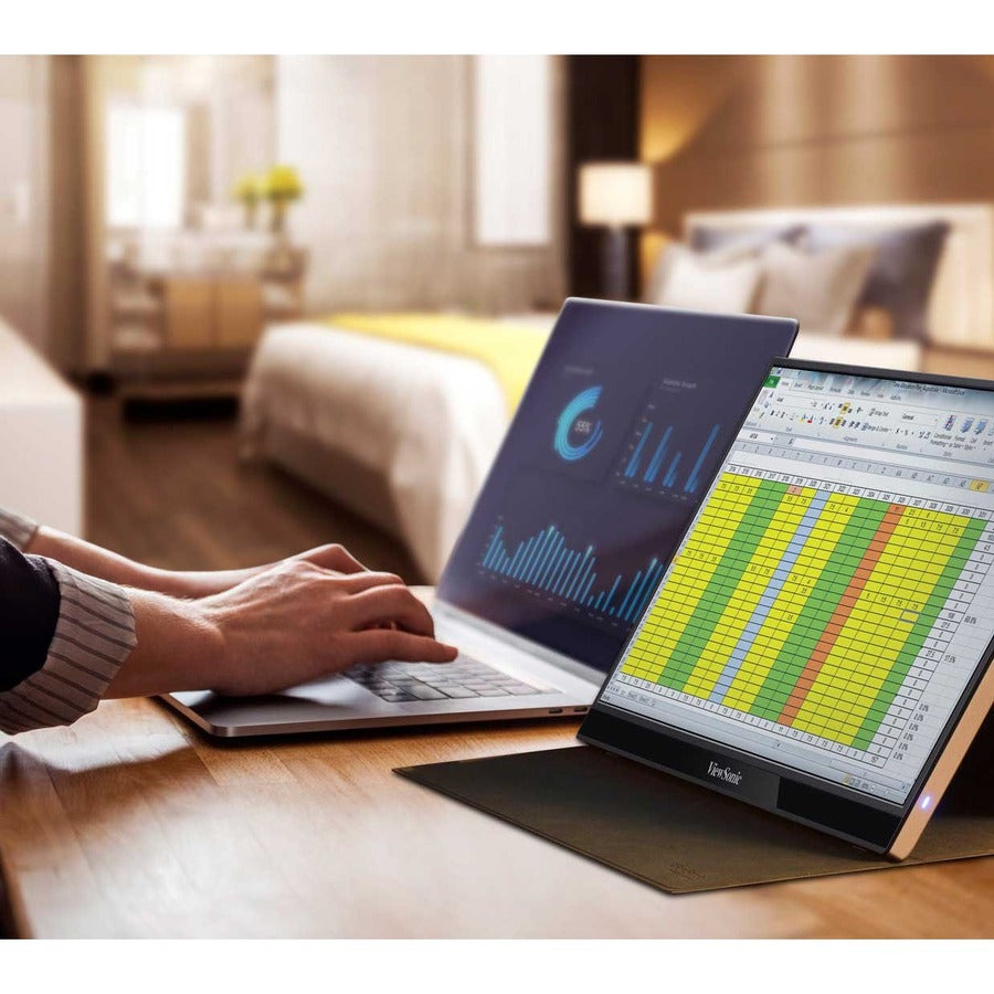 Life-Style Image for ViewSonic 15.6 Inch 1080p Portable Monitor with 2 Way Powered 60W USB C, IPS, Eye Care, Dual Speakers, Built in Stand with Smart Cover (VG1655)