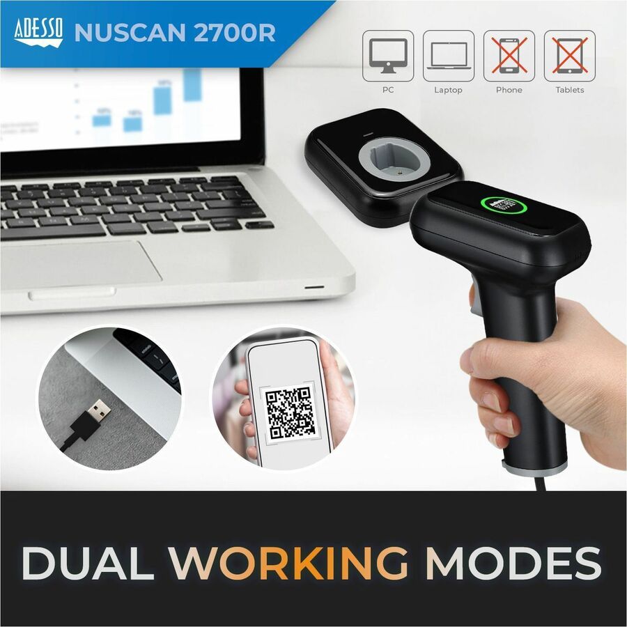 Alternate-Image1 Image for Adesso NuScan 2700R 2D Wireless Barcode Scanner with Charging Cradle