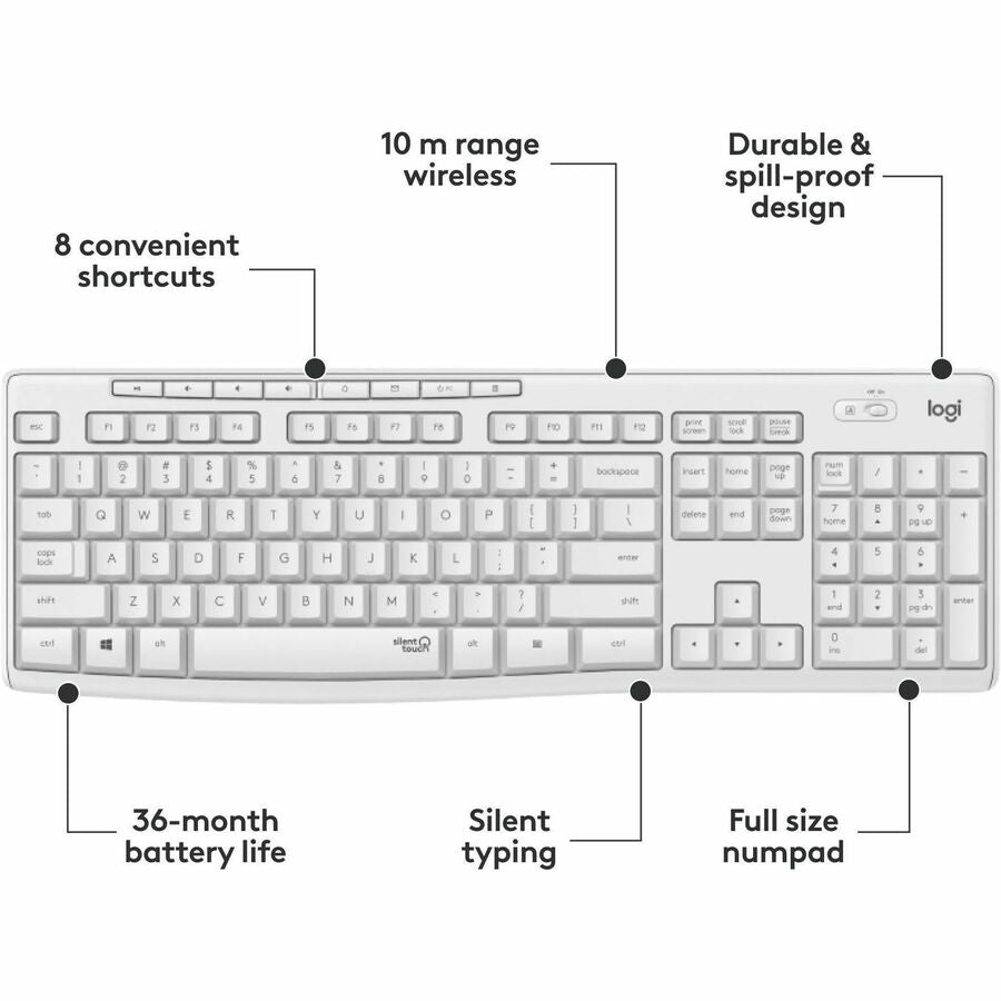 Alternate-Image4 Image for Logitech MK295 Silent Wireless Mouse & Keyboard Combo with SilentTouch Technology, Full Numpad, Off-white