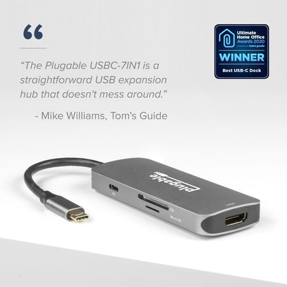 Alternate-Image1 Image for Plugable USB C Hub Multiport Adapter, 7-in-1 Hub Compatible with MacBook Pro, Windows, Chromebook, Dell XPS, Thunderbolt 3 and More