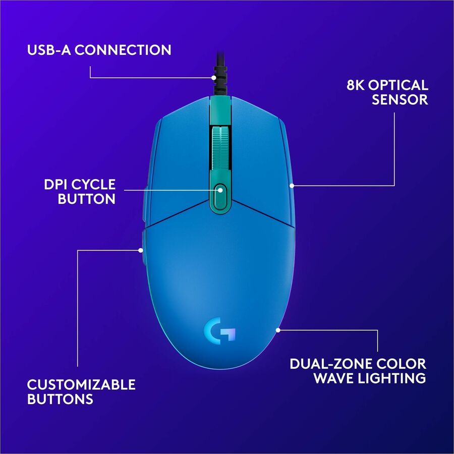Alternate-Image5 Image for Logitech G203 Wired Gaming Mouse, 8,000 DPI, Rainbow Optical Effect LIGHTSYNC RGB, 6 Programmable Buttons, Blue