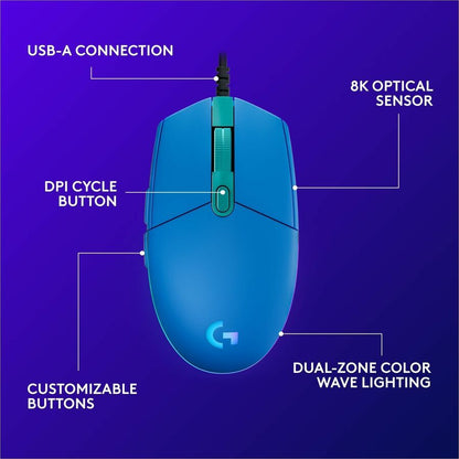 Alternate-Image5 Image for Logitech G203 Wired Gaming Mouse, 8,000 DPI, Rainbow Optical Effect LIGHTSYNC RGB, 6 Programmable Buttons, Blue