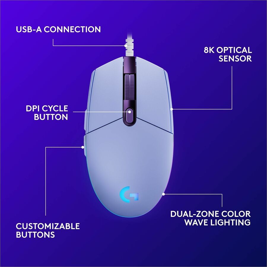 Alternate-Image5 Image for Logitech G203 Wired Gaming Mouse, 8,000 DPI, Rainbow Optical Effect LIGHTSYNC RGB, 6 Programmable Buttons, Lilac