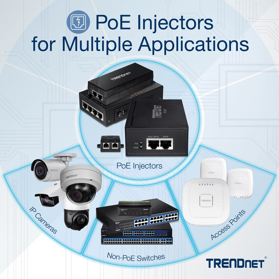 Alternate-Image5 Image for TRENDnet Gigabit PoE++ Injector, Convert A Non-PoE Port to A PoE++ Gigabit Port, PoE (15.4W), PoE+ (30W), Or PoE++ (95W), Up to 100m (328 ft), Integrated Power Supply, Black, TPE-119GI