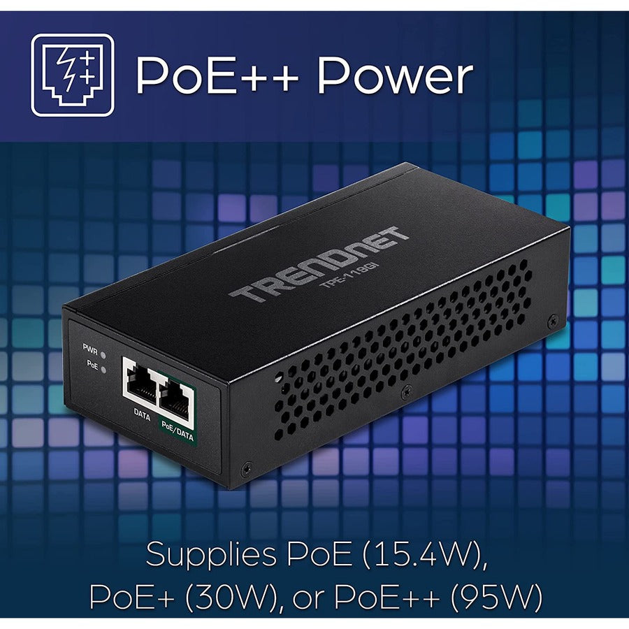 Alternate-Image2 Image for TRENDnet Gigabit PoE++ Injector, Convert A Non-PoE Port to A PoE++ Gigabit Port, PoE (15.4W), PoE+ (30W), Or PoE++ (95W), Up to 100m (328 ft), Integrated Power Supply, Black, TPE-119GI