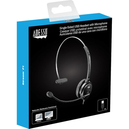 Alternate-Image8 Image for Adesso USB Single-Sided Headset with Adjustable Microphone- Noise Cancelling- Mono - USB - Wired - Over-the-head - 6 ft Cable -, Omni-directional Microphone - Black