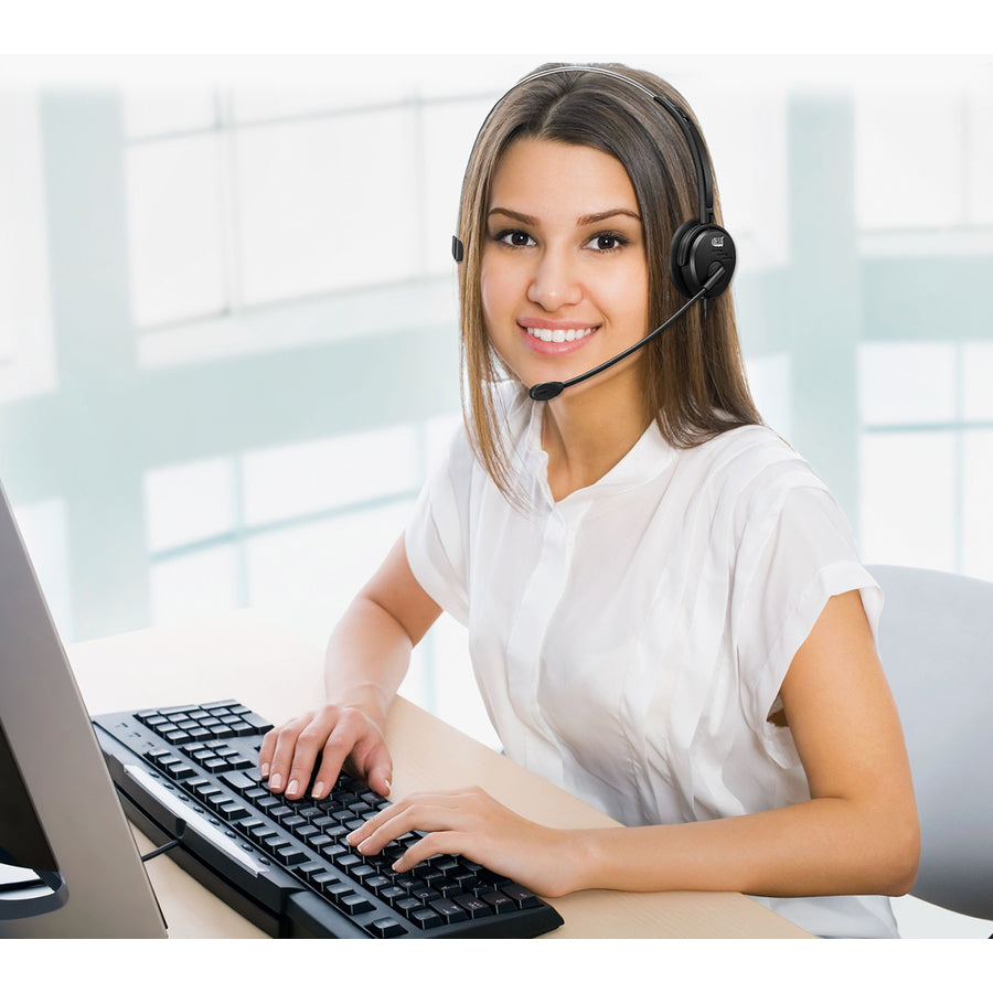 Life-Style Image for Adesso USB Single-Sided Headset with Adjustable Microphone- Noise Cancelling- Mono - USB - Wired - Over-the-head - 6 ft Cable -, Omni-directional Microphone - Black