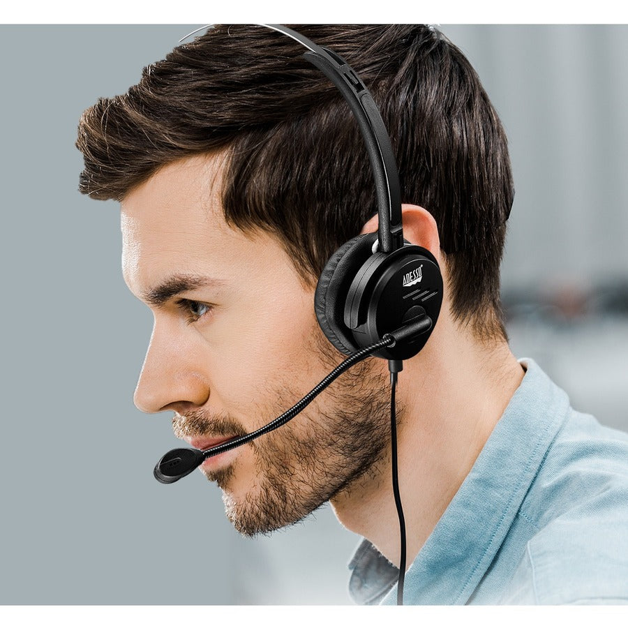 Alternate-Image3 Image for Adesso USB Single-Sided Headset with Adjustable Microphone- Noise Cancelling- Mono - USB - Wired - Over-the-head - 6 ft Cable -, Omni-directional Microphone - Black