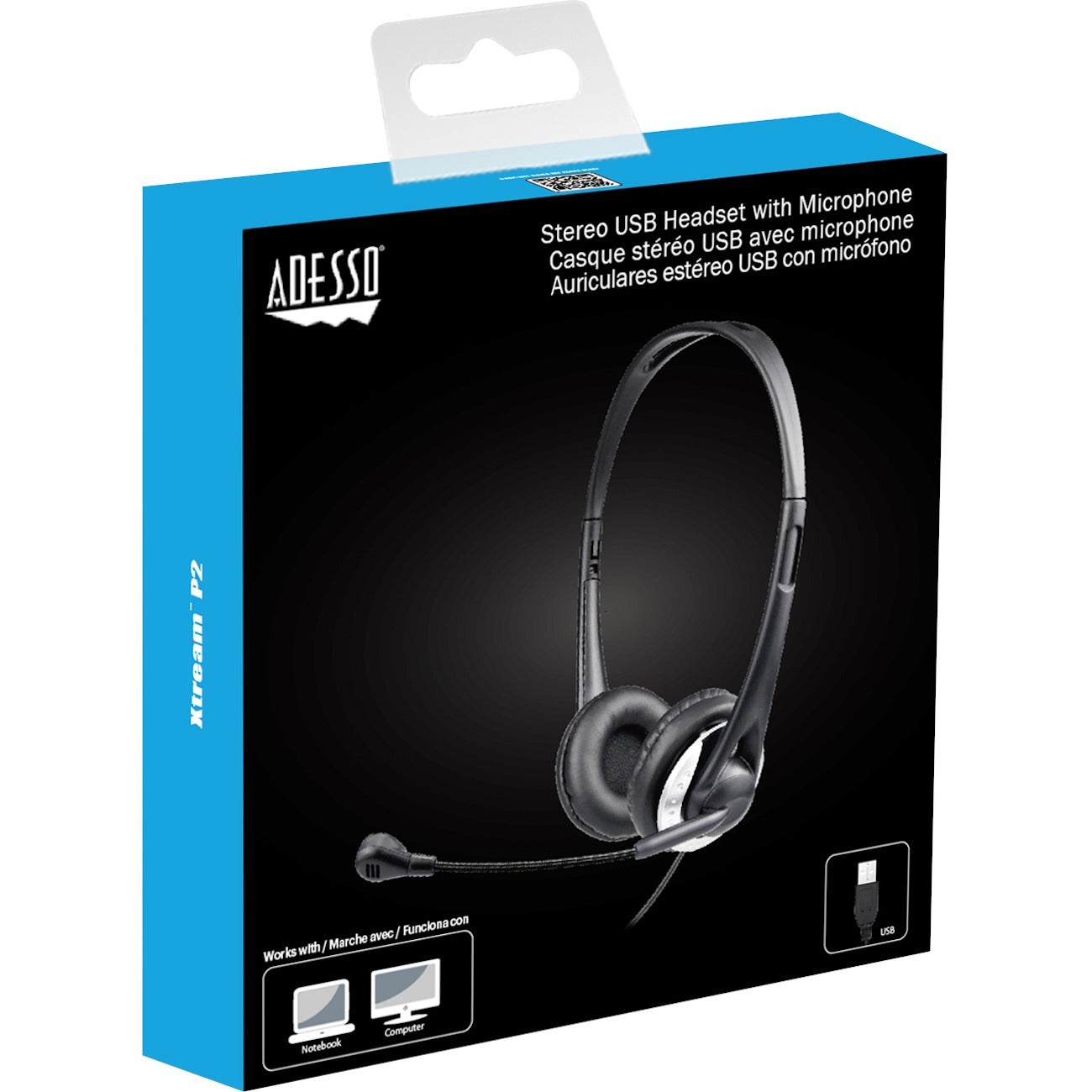 Main Image for Adesso USB Stereo Headset with Adjustable Microphone- Noise Cancelling- Mono - USB - Wired - Over-the-head - 6 ft Cable -, Omni-directional Microphone - Black