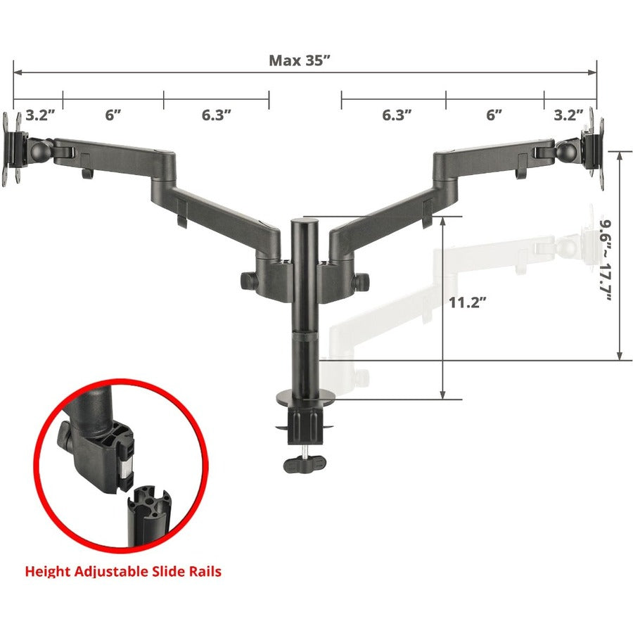 Alternate-Image2 Image for SIIG Dual Arm Pole Multi-Angle Replaceable Articulating Monitor Desk Mount - 14" to 30" - Max Load 17.6lbs each - Expandable Slide Rails Design - up to 4 monitors