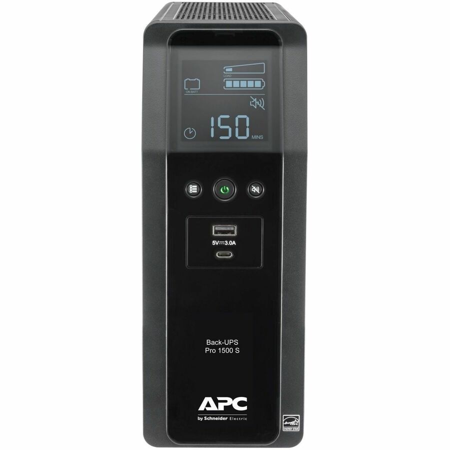 Front Image for APC Back-UPS Pro, 1500VA/900W, Tower, 120V, 10x NEMA 5-15R outlets, AVR, USB Type A + C ports, LCD, User Replaceable Battery