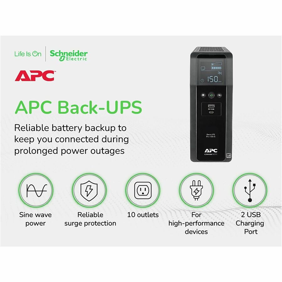 Alternate-Image2 Image for APC Back-UPS Pro, 1500VA/900W, Tower, 120V, 10x NEMA 5-15R outlets, AVR, USB Type A + C ports, LCD, User Replaceable Battery