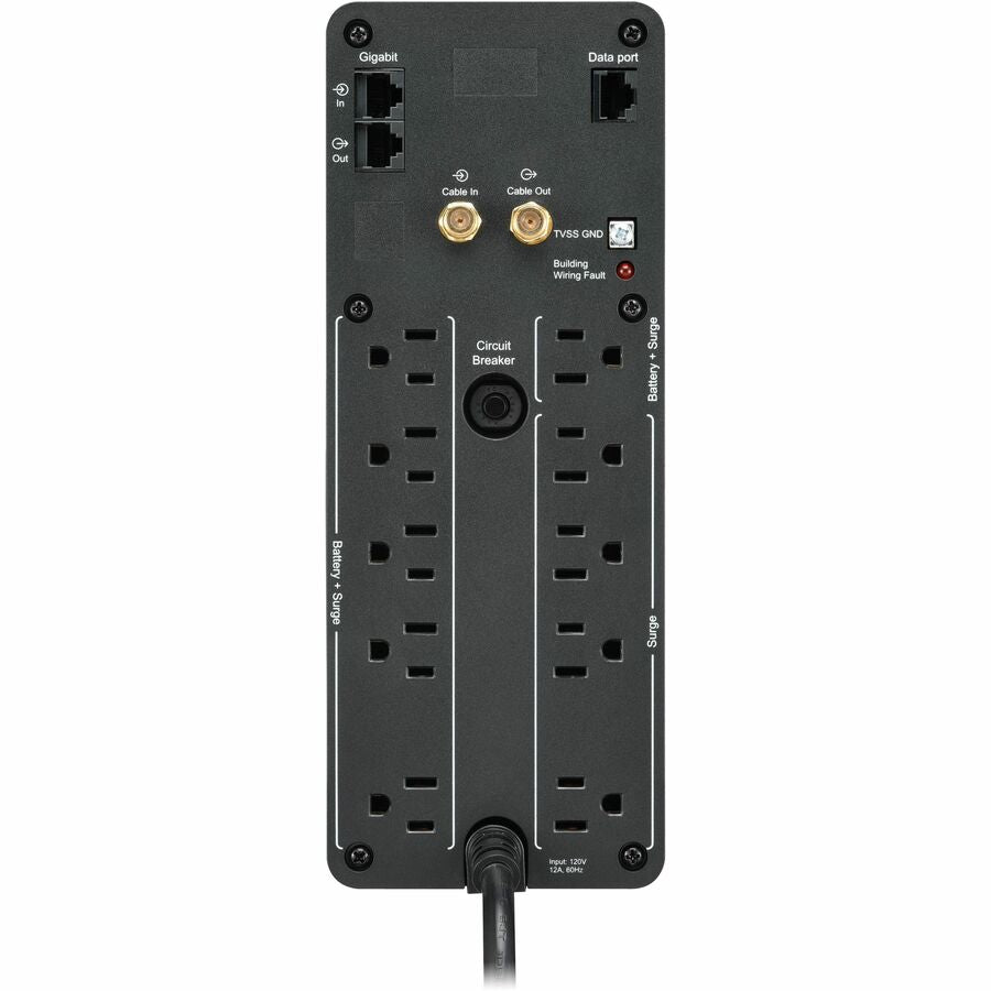 Rear Image for APC Back-UPS Pro, 1500VA/900W, Tower, 120V, 10x NEMA 5-15R outlets, AVR, USB Type A + C ports, LCD, User Replaceable Battery