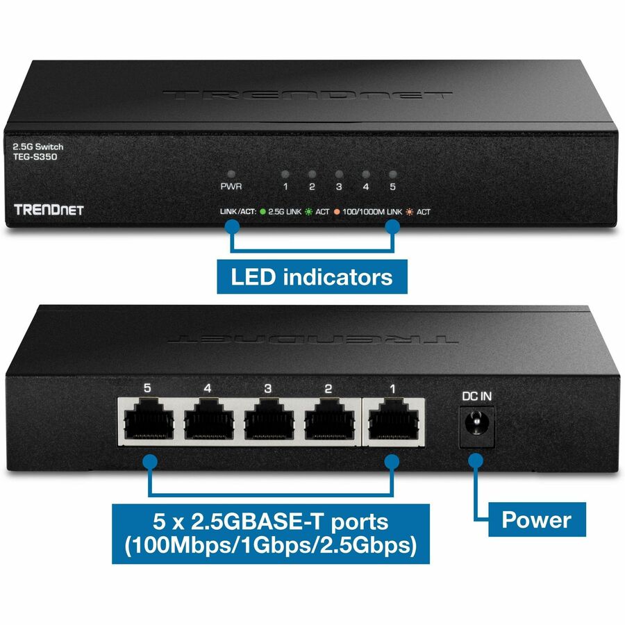 Alternate-Image4 Image for TRENDnet 5-Port 2.5Gb Multi-Gigabit Unmanaged Gaming Switch, TEG-S350, 5 x 2.5GBASE-T Ports, 25Gbps Switching Capacity, Ethernet Splitter, NDAA & TAA Compliant, Fanless, Lifetime Protection, Black