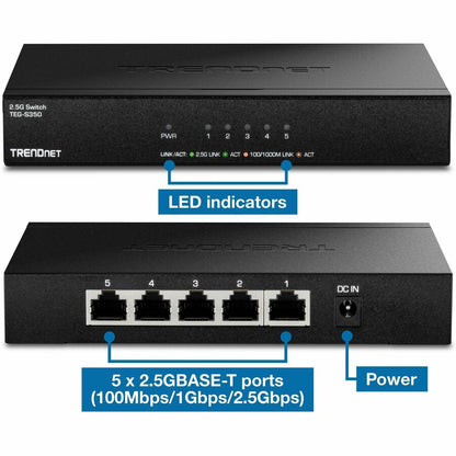 Alternate-Image4 Image for TRENDnet 5-Port 2.5Gb Multi-Gigabit Unmanaged Gaming Switch, TEG-S350, 5 x 2.5GBASE-T Ports, 25Gbps Switching Capacity, Ethernet Splitter, NDAA & TAA Compliant, Fanless, Lifetime Protection, Black