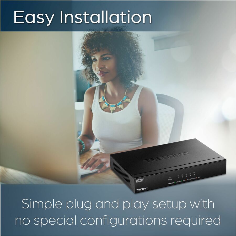 Alternate-Image7 Image for TRENDnet 5-Port 2.5Gb Multi-Gigabit Unmanaged Gaming Switch, TEG-S350, 5 x 2.5GBASE-T Ports, 25Gbps Switching Capacity, Ethernet Splitter, NDAA & TAA Compliant, Fanless, Lifetime Protection, Black