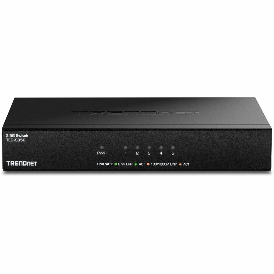 Front Image for TRENDnet 5-Port 2.5Gb Multi-Gigabit Unmanaged Gaming Switch, TEG-S350, 5 x 2.5GBASE-T Ports, 25Gbps Switching Capacity, Ethernet Splitter, NDAA & TAA Compliant, Fanless, Lifetime Protection, Black