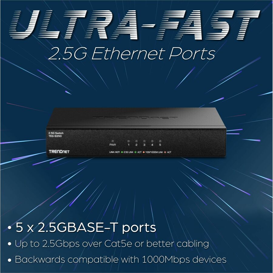 Alternate-Image6 Image for TRENDnet 5-Port 2.5Gb Multi-Gigabit Unmanaged Gaming Switch, TEG-S350, 5 x 2.5GBASE-T Ports, 25Gbps Switching Capacity, Ethernet Splitter, NDAA & TAA Compliant, Fanless, Lifetime Protection, Black
