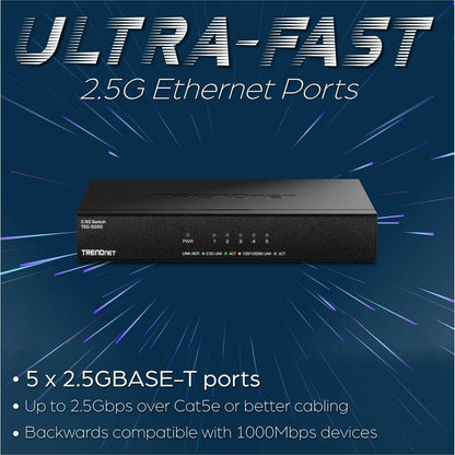 Alternate-Image6 Image for TRENDnet 5-Port 2.5Gb Multi-Gigabit Unmanaged Gaming Switch, TEG-S350, 5 x 2.5GBASE-T Ports, 25Gbps Switching Capacity, Ethernet Splitter, NDAA & TAA Compliant, Fanless, Lifetime Protection, Black