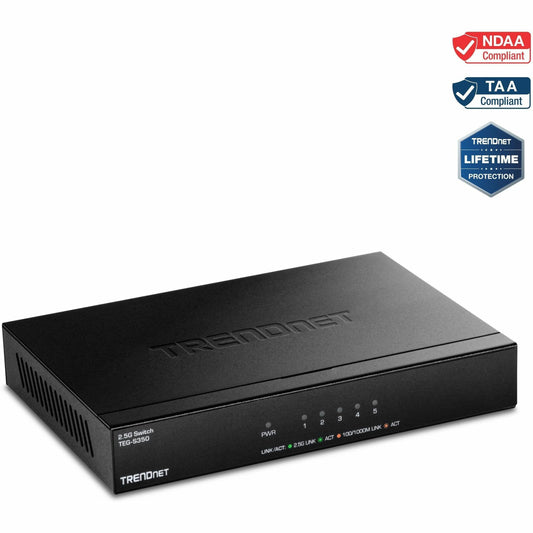 Main Image for TRENDnet 5-Port 2.5Gb Multi-Gigabit Unmanaged Gaming Switch, TEG-S350, 5 x 2.5GBASE-T Ports, 25Gbps Switching Capacity, Ethernet Splitter, NDAA & TAA Compliant, Fanless, Lifetime Protection, Black