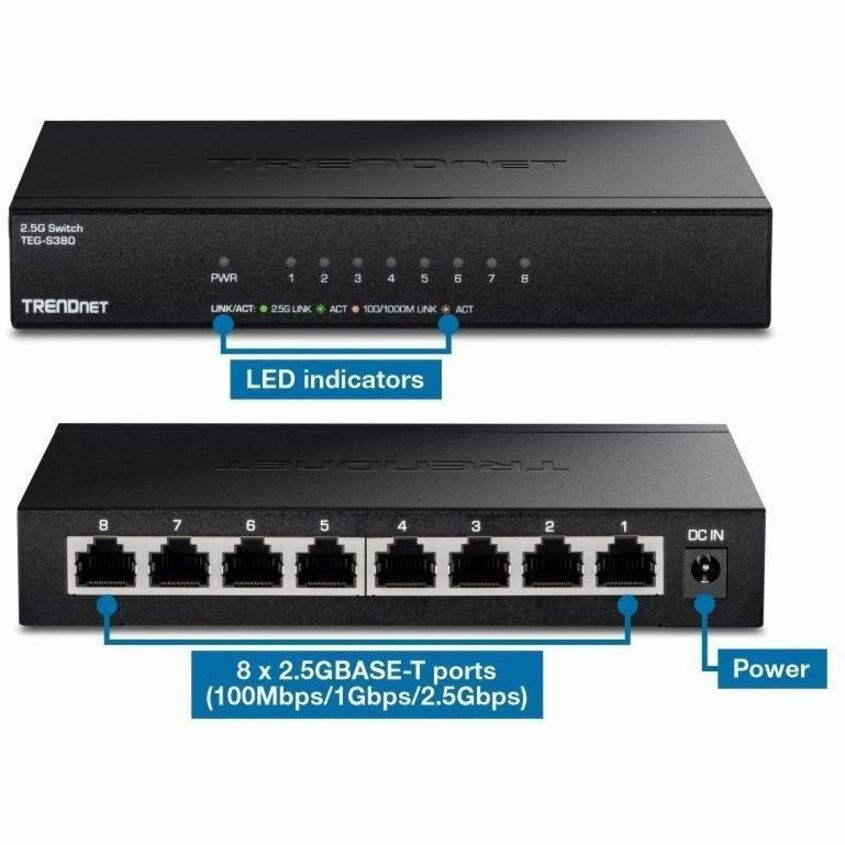 Alternate-Image9 Image for TRENDnet 8-Port 2.5Gb Multi-Gigabit Unmanaged Gaming Switch, TEG-S380, 8 x 2.5GBASE-T Ports, 25Gbps Switching Capacity, Ethernet Splitter, NDAA & TAA Compliant, Fanless, Lifetime Protection, Black