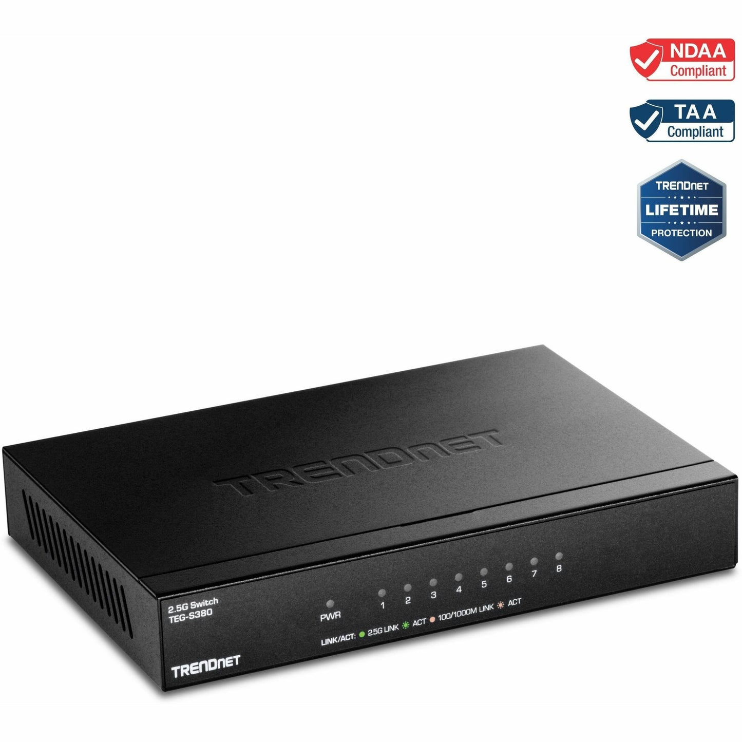 Main Image for TRENDnet 8-Port 2.5Gb Multi-Gigabit Unmanaged Gaming Switch, TEG-S380, 8 x 2.5GBASE-T Ports, 25Gbps Switching Capacity, Ethernet Splitter, NDAA & TAA Compliant, Fanless, Lifetime Protection, Black