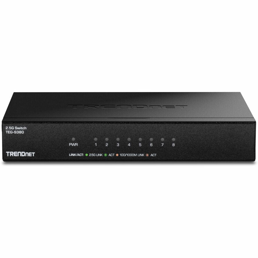 Front Image for TRENDnet 8-Port 2.5Gb Multi-Gigabit Unmanaged Gaming Switch, TEG-S380, 8 x 2.5GBASE-T Ports, 25Gbps Switching Capacity, Ethernet Splitter, NDAA & TAA Compliant, Fanless, Lifetime Protection, Black