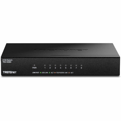 Front Image for TRENDnet 8-Port 2.5Gb Multi-Gigabit Unmanaged Gaming Switch, TEG-S380, 8 x 2.5GBASE-T Ports, 25Gbps Switching Capacity, Ethernet Splitter, NDAA & TAA Compliant, Fanless, Lifetime Protection, Black