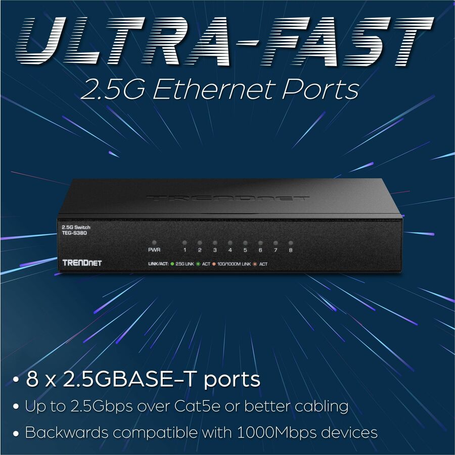 Alternate-Image3 Image for TRENDnet 8-Port 2.5Gb Multi-Gigabit Unmanaged Gaming Switch, TEG-S380, 8 x 2.5GBASE-T Ports, 25Gbps Switching Capacity, Ethernet Splitter, NDAA & TAA Compliant, Fanless, Lifetime Protection, Black