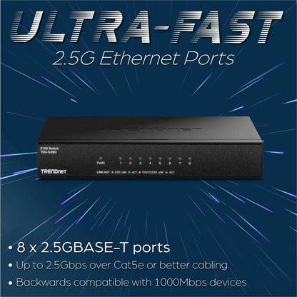 Alternate-Image3 Image for TRENDnet 8-Port 2.5Gb Multi-Gigabit Unmanaged Gaming Switch, TEG-S380, 8 x 2.5GBASE-T Ports, 25Gbps Switching Capacity, Ethernet Splitter, NDAA & TAA Compliant, Fanless, Lifetime Protection, Black