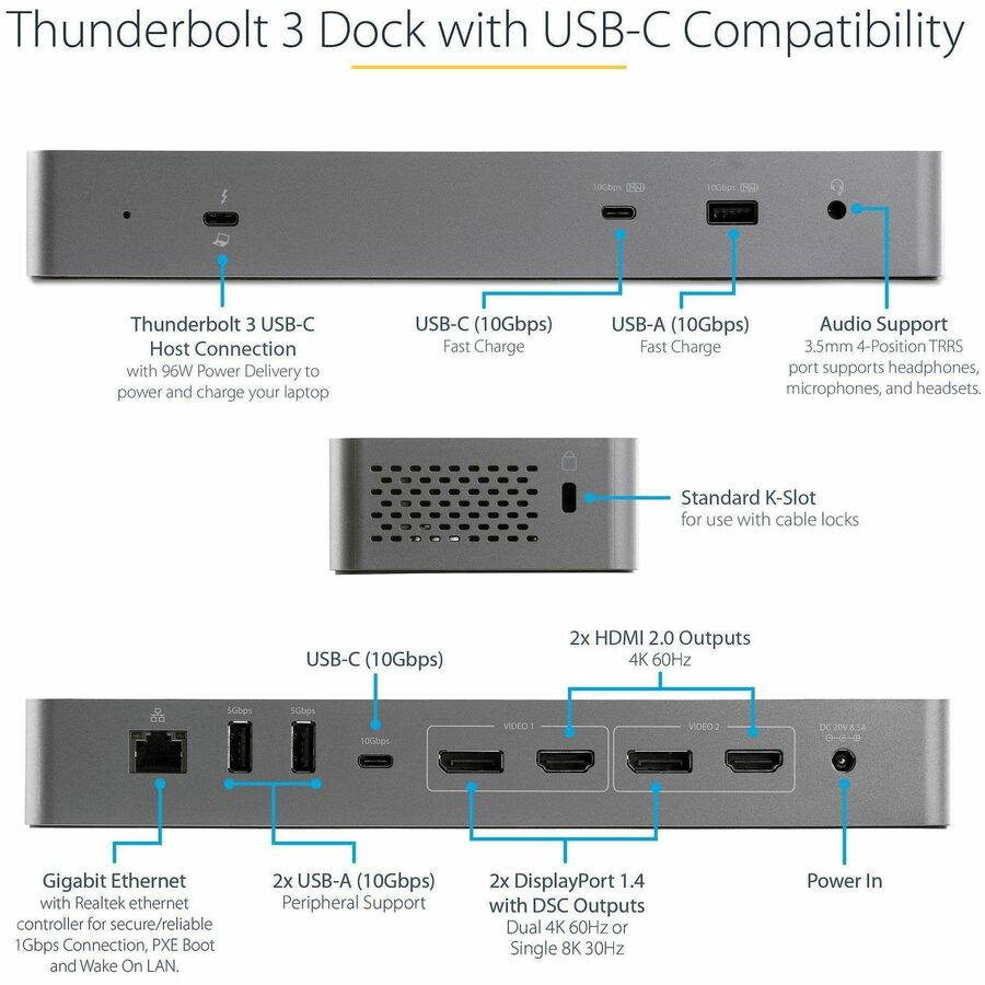 Alternate-Image2 Image for StarTech.com USB C Docking Station for MacBook Pro/Air-M1/M2/M3/M4 (Thunderbolt Compatible) - Dual HDMI/DisplayPort, 96W Power Delivery