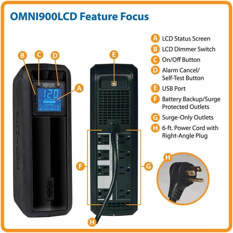 Alternate-Image1 Image for Eaton Tripp Lite Series OmniSmart LCD 120V 900VA 475W Line-Interactive UPS, Tower, LCD display, USB port