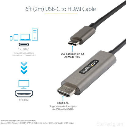 Alternate-Image1 Image for StarTech.com 6ft (2m) USB C to HDMI Cable 4K 60Hz with HDR10, Ultra HD USB Type-C to HDMI 2.0b Video Adapter Cable, DP 1.4 Alt Mode HBR3