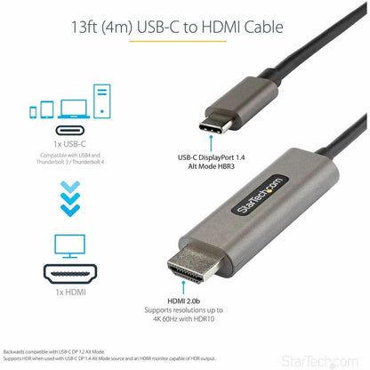 Alternate-Image1 Image for StarTech 13ft (4m) USB C to HDMI Cable 4K 60Hz with HDR10, Ultra HD USB Type-C to HDMI 2.0b Video Adapter Cable, DP 1.4 Alt Mode HBR3