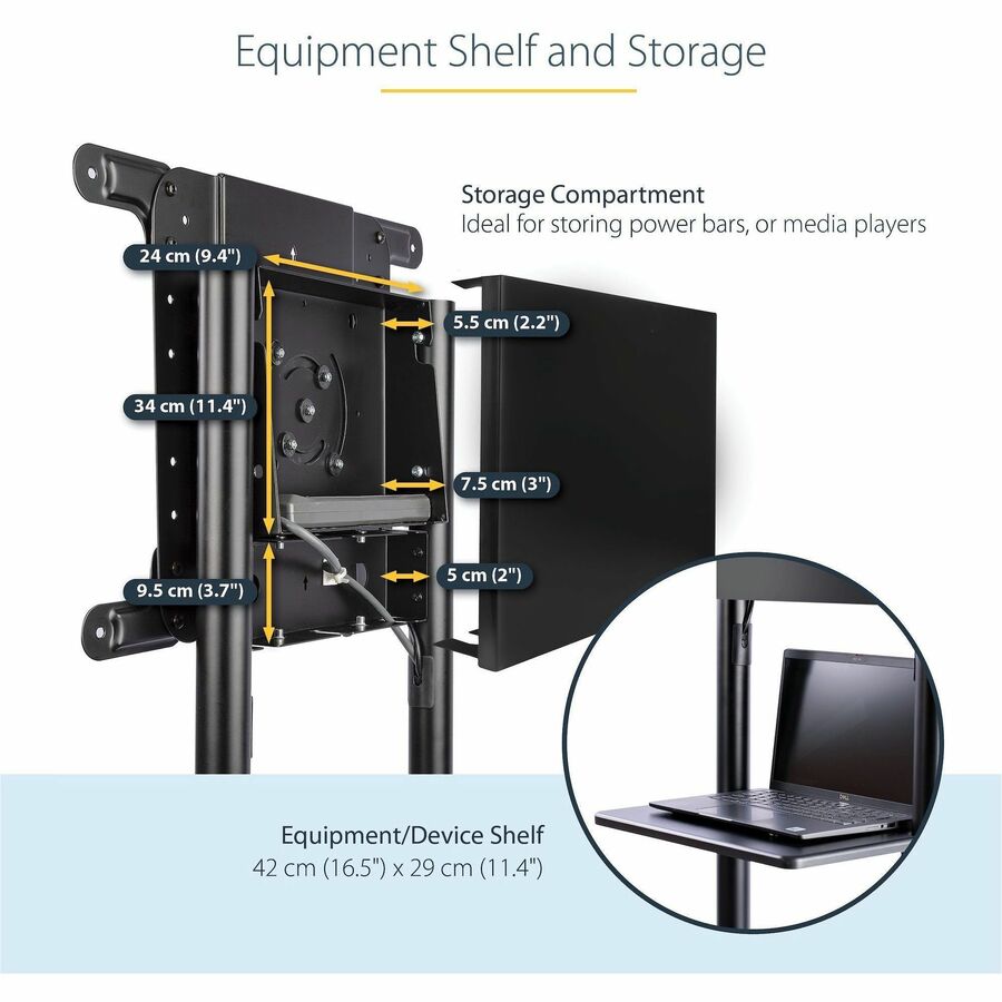 Alternate-Image3 Image for StarTech.com Mobile TV Cart, Portable Rolling TV Stand, 37-70 inch VESA Display Mount (154lb/70kg), Shelf & Storage, Rotate/Tilt Display